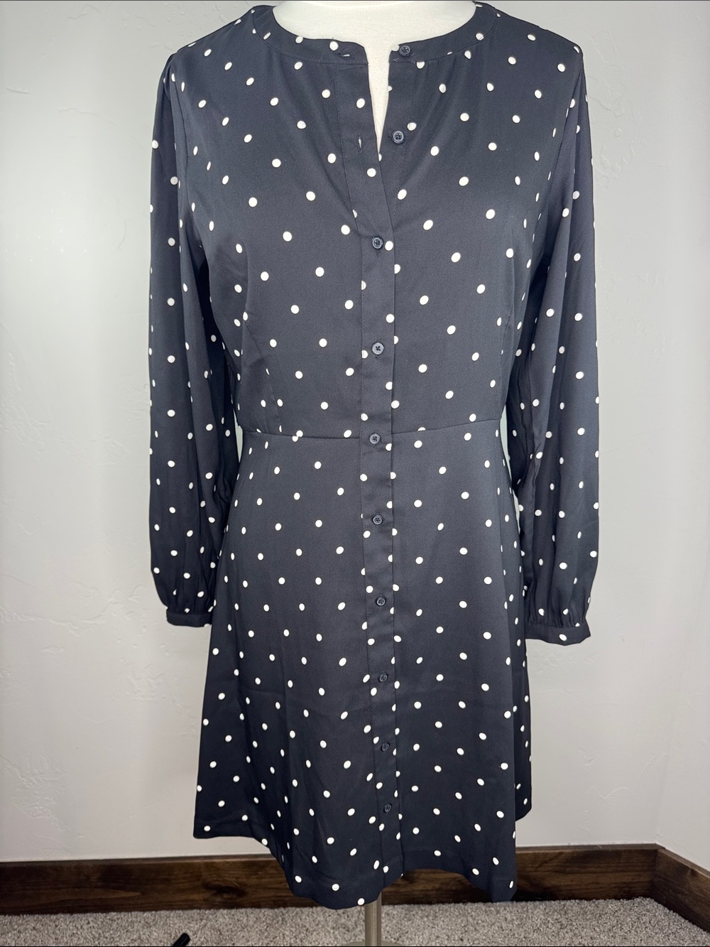LOFT Black Dress with White Polka Dots - Long Sleeve